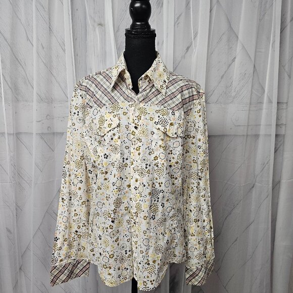 Spy Henry Lau Yellow Blue Floral Plaid Western Button Down Blouse Size L - Picture 1 of 13